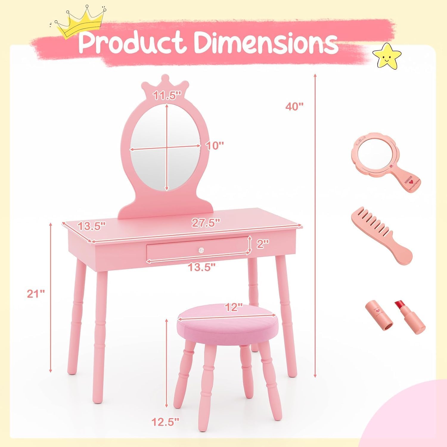 GLACER Kids Vanity with Stool, Rotatable Kids Jewelry Armoire, Kids Vanity Table and Chair Set w/Coat Rack, Storage Shelves, Full-Length Mirror, Solid Wood Legs, Kids Bedroom Furniture (Pink)