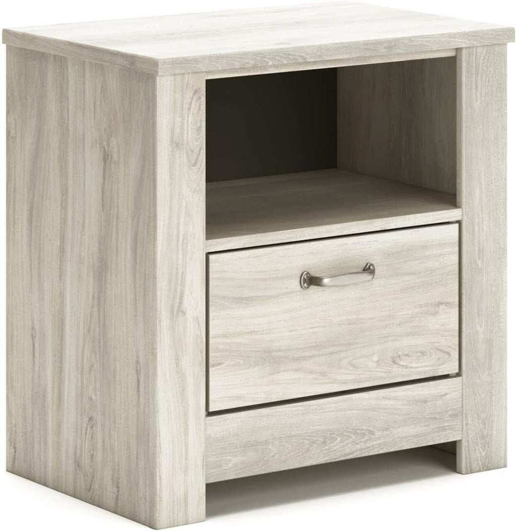 Signature Design by Ashley Bellaby Farmhouse 1 Drawer Nightstand with 1 Storage Cubby & Slim-Profile USB Charging Station, 24.61' Tall, Whitewash