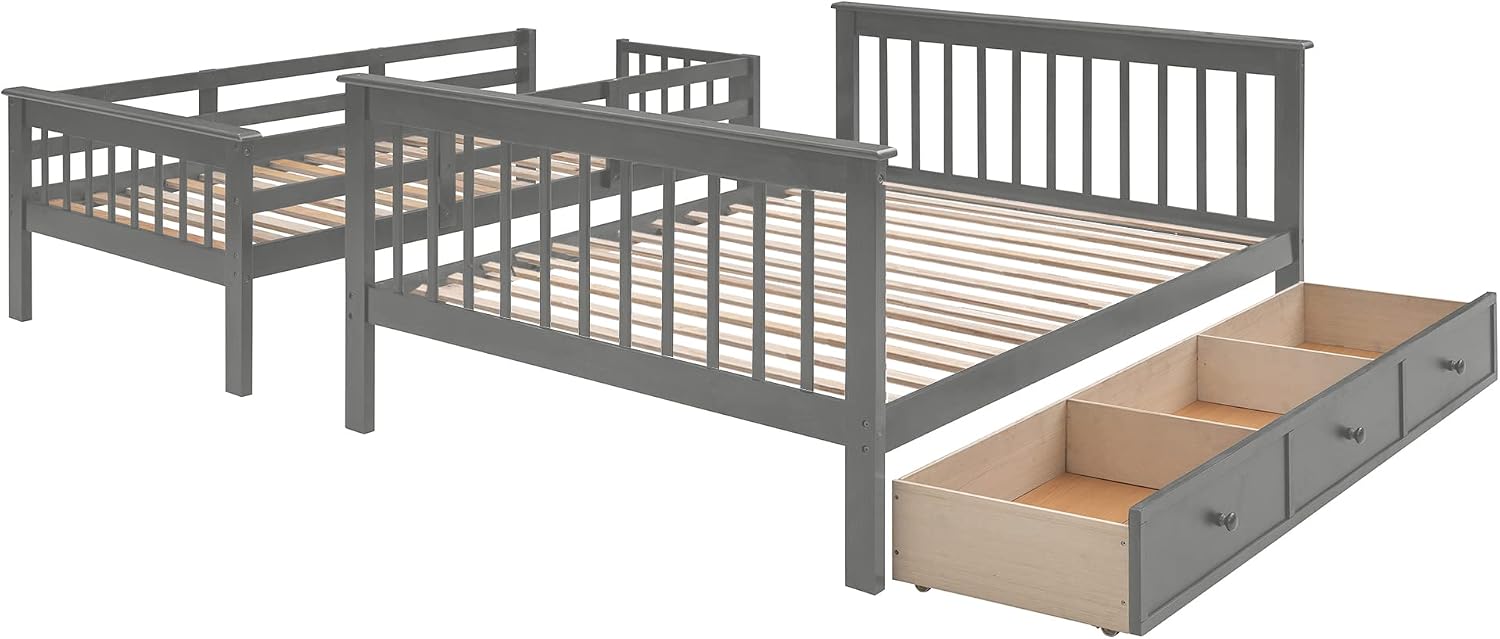 Merax Twin-Over-Full Stairway Bunk Bed with Drawer, Storage and Guard Rail for Bedroom, Dorm, for Adults (Grey)