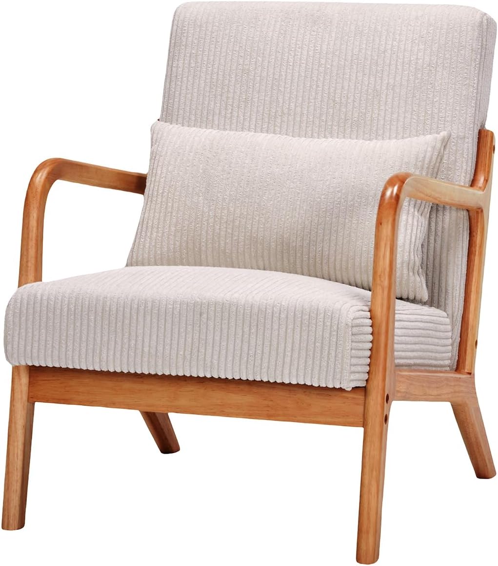 QQU Corduroy Accent Chairs with Waist Cushions, Mid-Century Modern Living Room Chairs, Sturdy Wood Frame Armchairs, Upholstered Accent Chairs for Living Room, Bedroom, Apartments, Beige