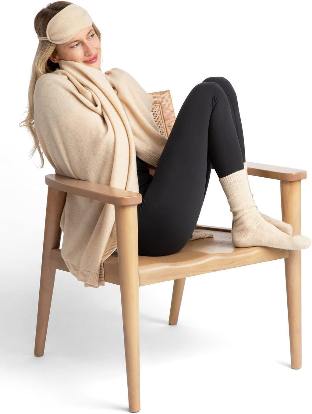 Jet&Bo 100% Pure Cashmere Travel Set: Blanket, Eye Mask, Socks, Carry/Pillow Case Natural in Gift Box