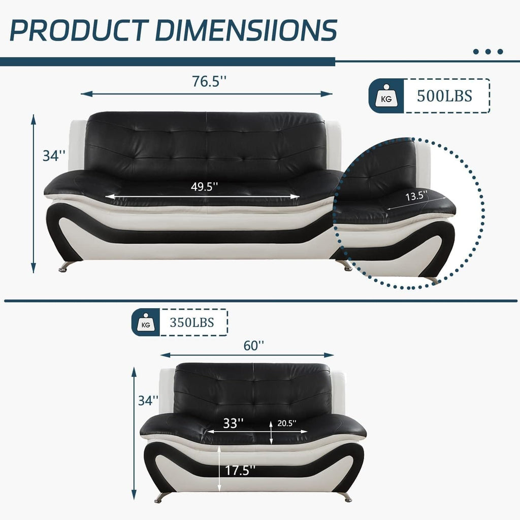 Contemporary Living Room Furniture Set, Vegan Leather Sofa Set for Living Room/House/Bedroom/Office/Apartment (Black&White, Sofa&Loveseat)