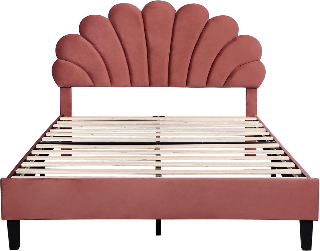 Full Size Velvet Upholstered Platform Bed with Flower Pattern Headboard,Bedroom Wood Bed Frame W/Wooden Slats Support,No Box Spring Needed,for Guest Room,Apartment,Bean Paste Red