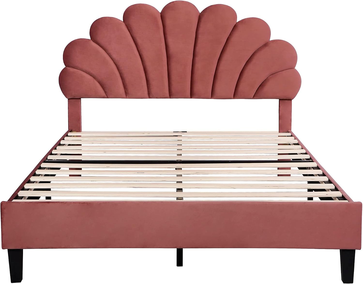 Full Size Velvet Upholstered Platform Bed with Flower Pattern Headboard,Bedroom Wood Bed Frame W/Wooden Slats Support,No Box Spring Needed,for Guest Room,Apartment,Bean Paste Red