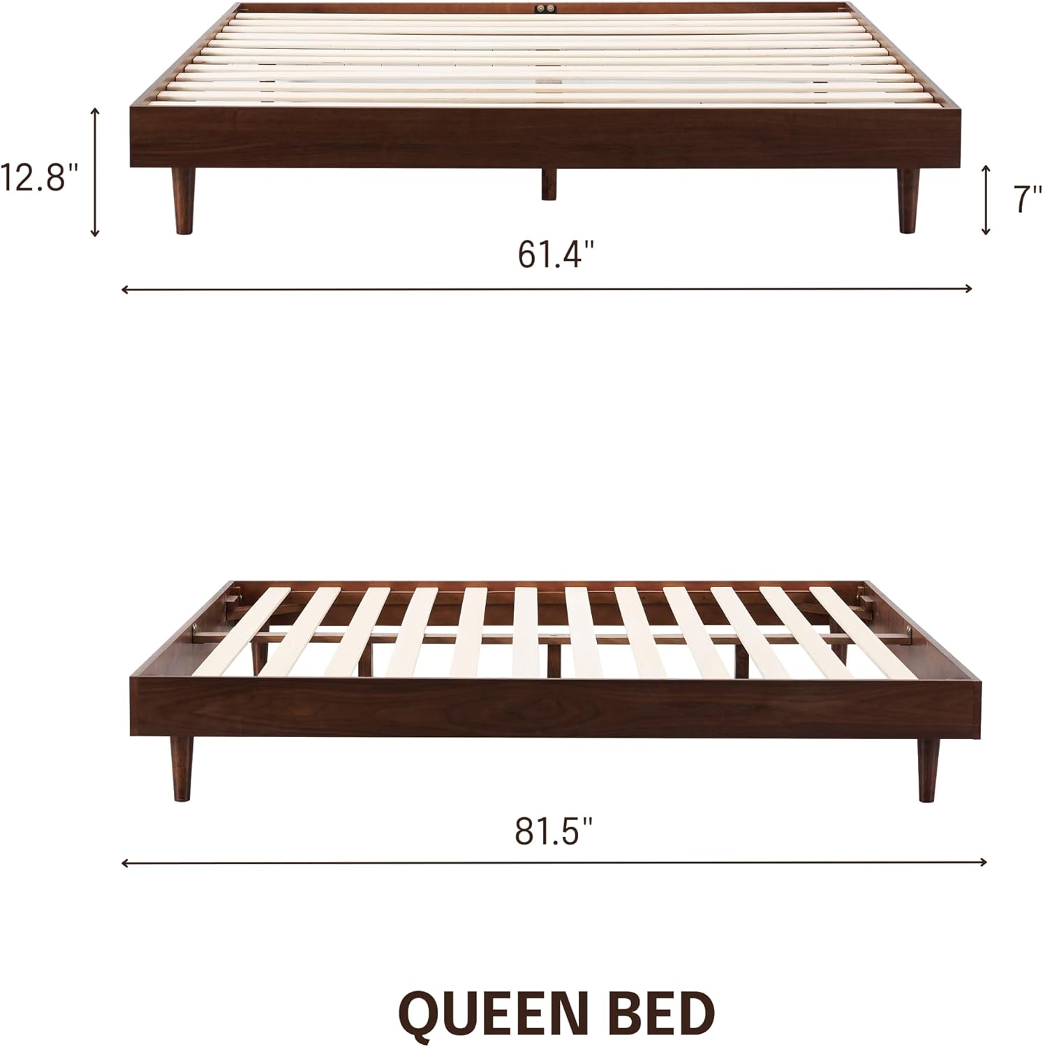 NTC Fly Wooden Bed Frame Without Headboard, Crafted from Walnut, Rubber Wood with Silent Slats and Wood Central Supports, 1000 Lb Capacity, Effortless Assembly, Queen - Dark Walnut