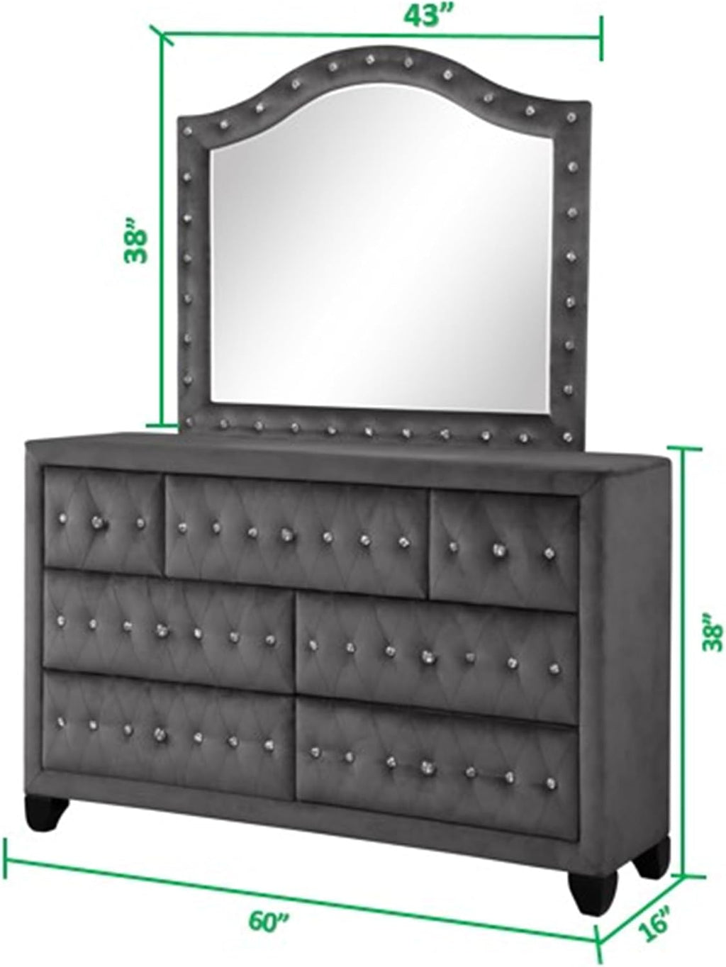 Luxury Bedroom Furniture Set - Modern Elegance with Crystal Tufted Detail, Spacious Storage, Ball Bearing Glides, and Dovetail Drawer Joints (Grey,Full 4 PCS Set)