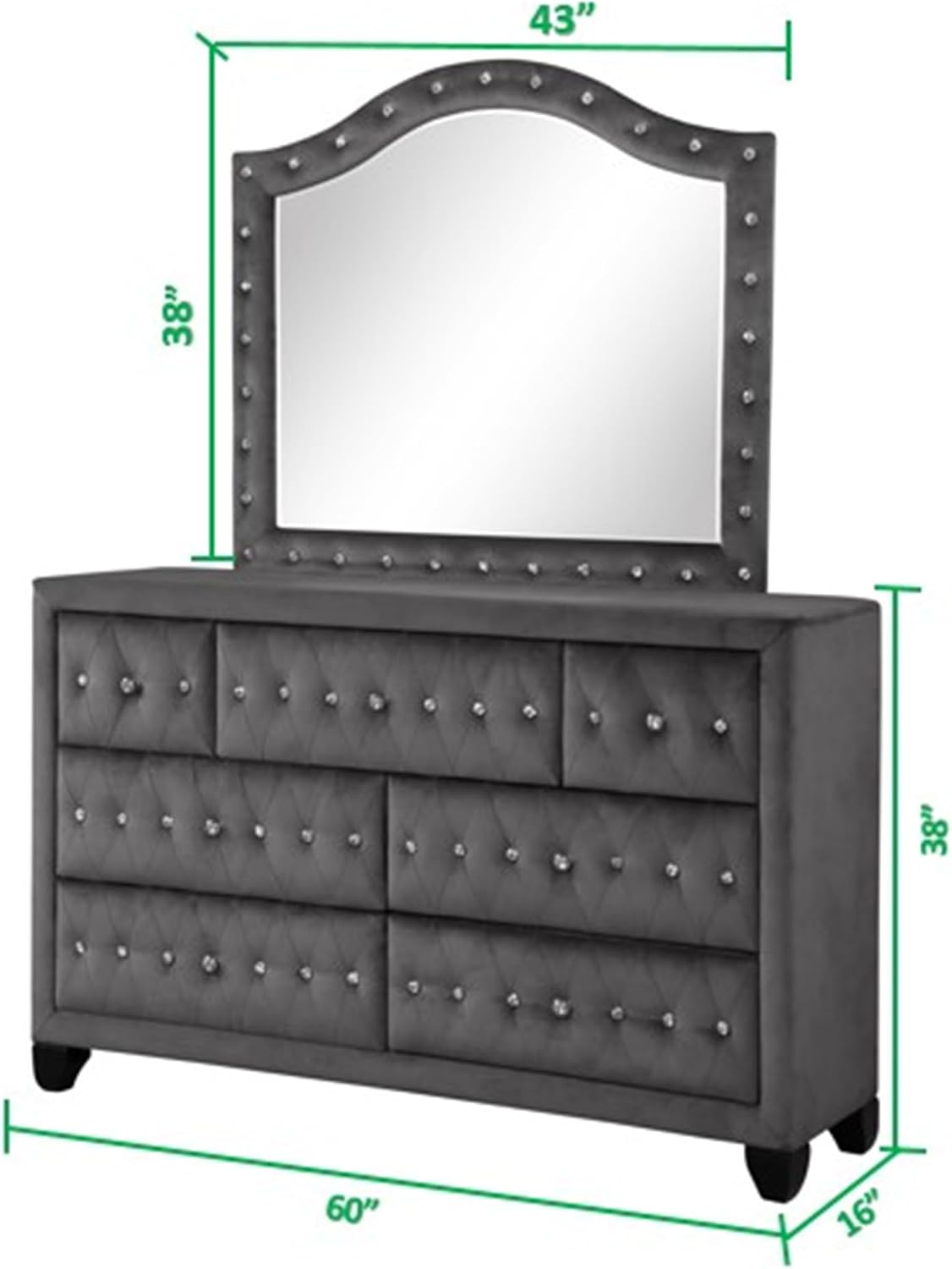 Luxury Bedroom Furniture Set - Modern Elegance with Crystal Tufted Detail, Spacious Storage, Ball Bearing Glides, and Dovetail Drawer Joints (Grey,Full 4 PCS Set)