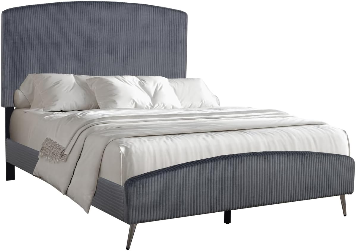 HomeStock Velvet Upholstered Panel Bed - Modern Bedroom Furniture - Gray Queen