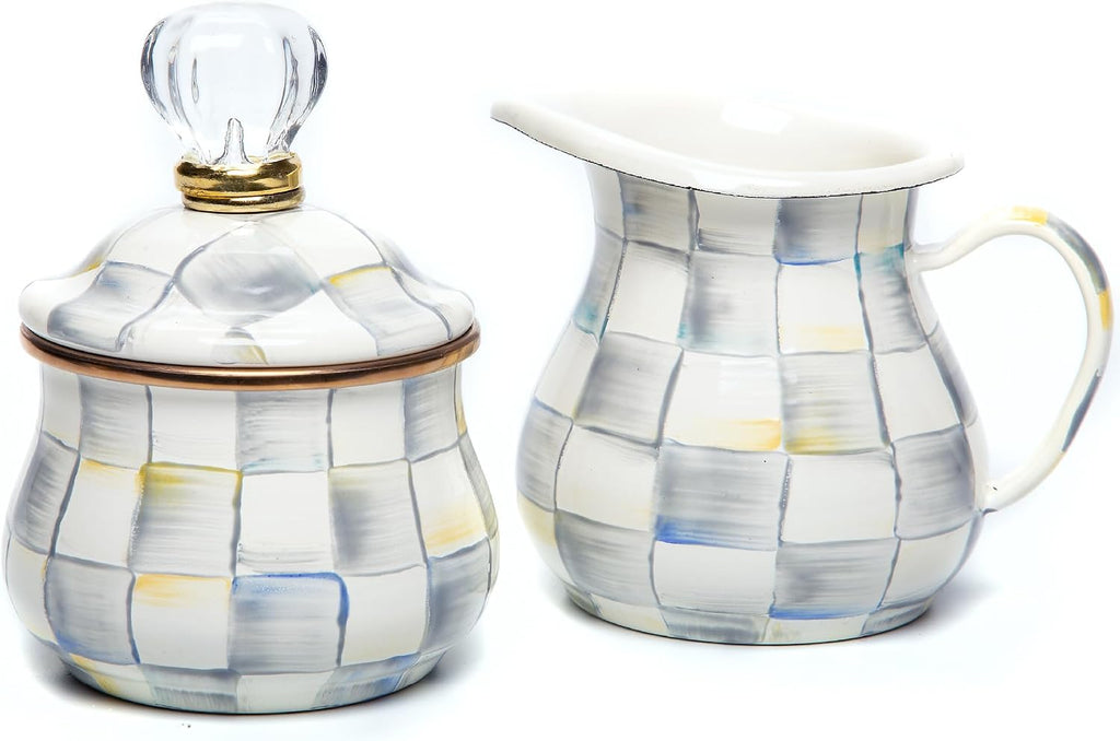 MACKENZIE-CHILDS Enamel Creamer and Sugar-Bowl Set, Cream Dispenser and Sugar Holder, Unique Kitchen Decor, Gray-and-White Sterling Check