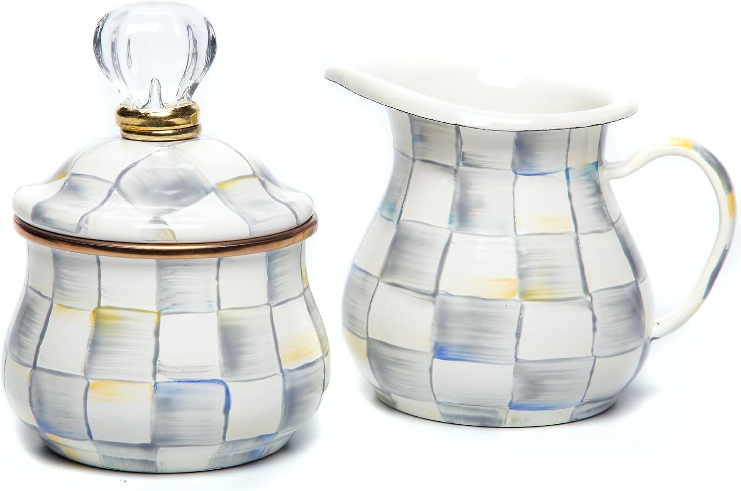 MACKENZIE-CHILDS Enamel Creamer and Sugar-Bowl Set, Cream Dispenser and Sugar Holder, Unique Kitchen Decor, Gray-and-White Sterling Check
