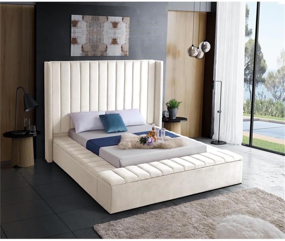 Meridian Furniture Kiki Collection Modern | Contemporary Velvet Upholsterd Bed with Channel Tufting, Siderails and Footboard Storage Compartments, Full, Cream