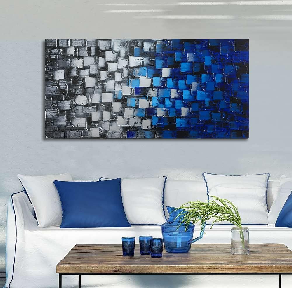 Abstract Dark Blue and Silver Painting Pictures Modern 3D Textured Squares Wall Art on Canvas for Home and Office Decoration Framed Ready to Hang 56x28inch