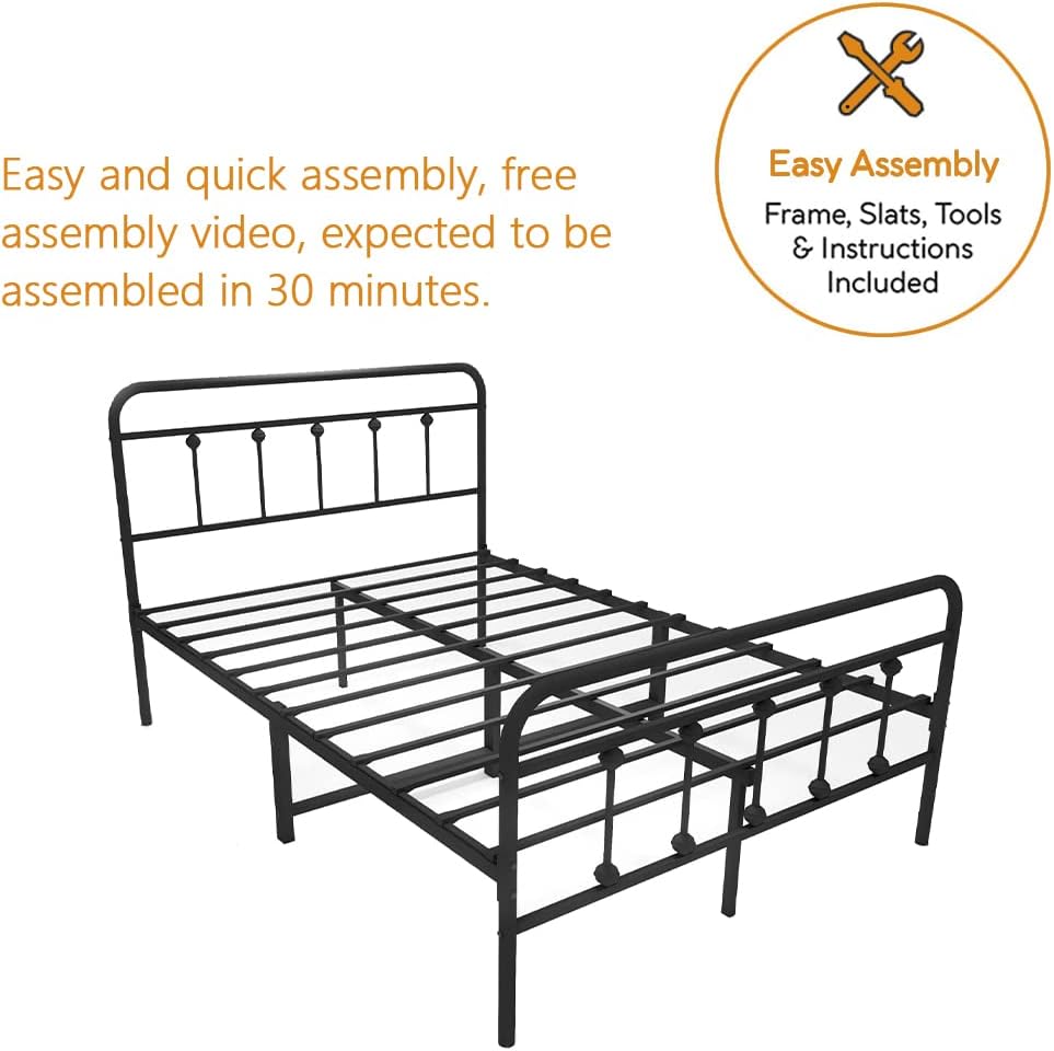 Full Size Metal Bed Frame with Vintage Headboard and Footboard, Premium Stable Steel Slat Support Mattress Foundation, No Box Spring Needed and Easy Assembly, Black (Full).