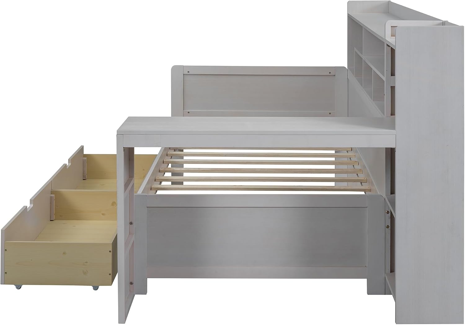 RuiSiSi Twin Size Daybed with Storage Drawers and Bookcase, Wood Daybed with Desk and Storage Headboard, Twin Corner Bed with Storage Shelves Drawers for Kids Teens Adults Bedroom, Antique White