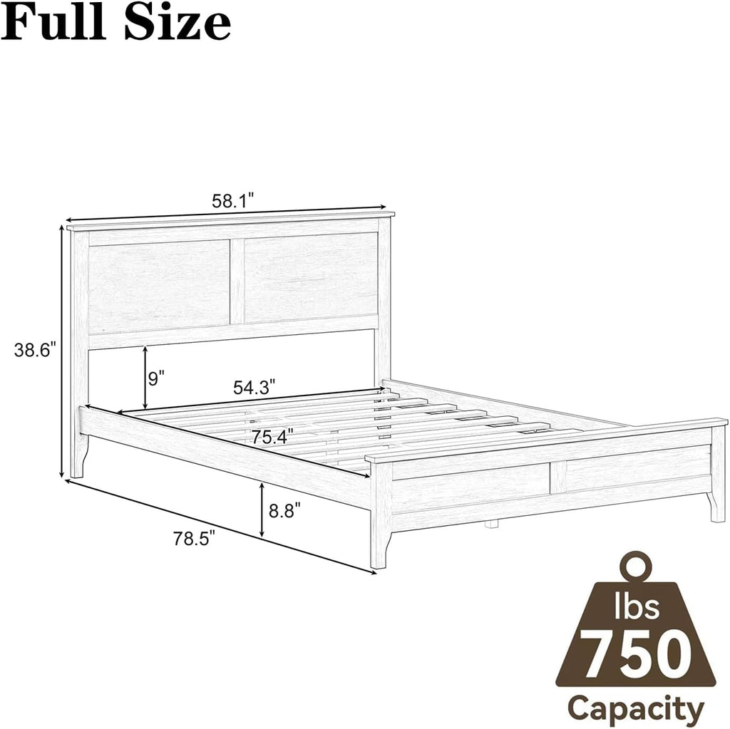 12 Inch Deluxe Full Size Bed Frame with Headboard, Mid Century Retro Style Brown Wood Platform Beds Frames, No Box Spring Needed, 13 Strong Wooden Slat Support, Easy Assembly (White, Full)