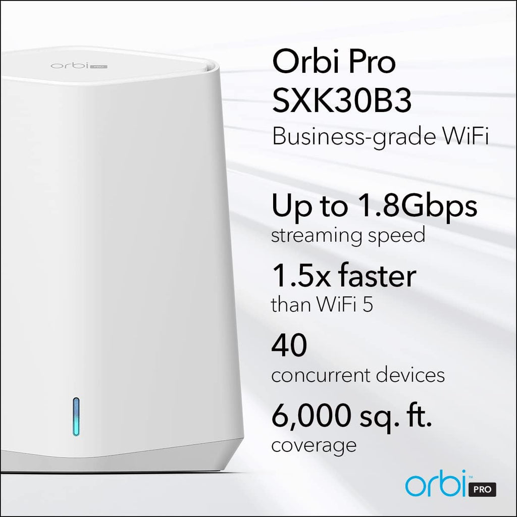 NETGEAR Orbi Pro WiFi 6 Mini Mesh System (SXK30B3) | Router with 2 Satellite Extenders for Business or Home | VLAN, QoS | Coverage up to 6,000 sq. ft., 40 Devices | AX1800 802.11 AX (up to 1.8Gbps)