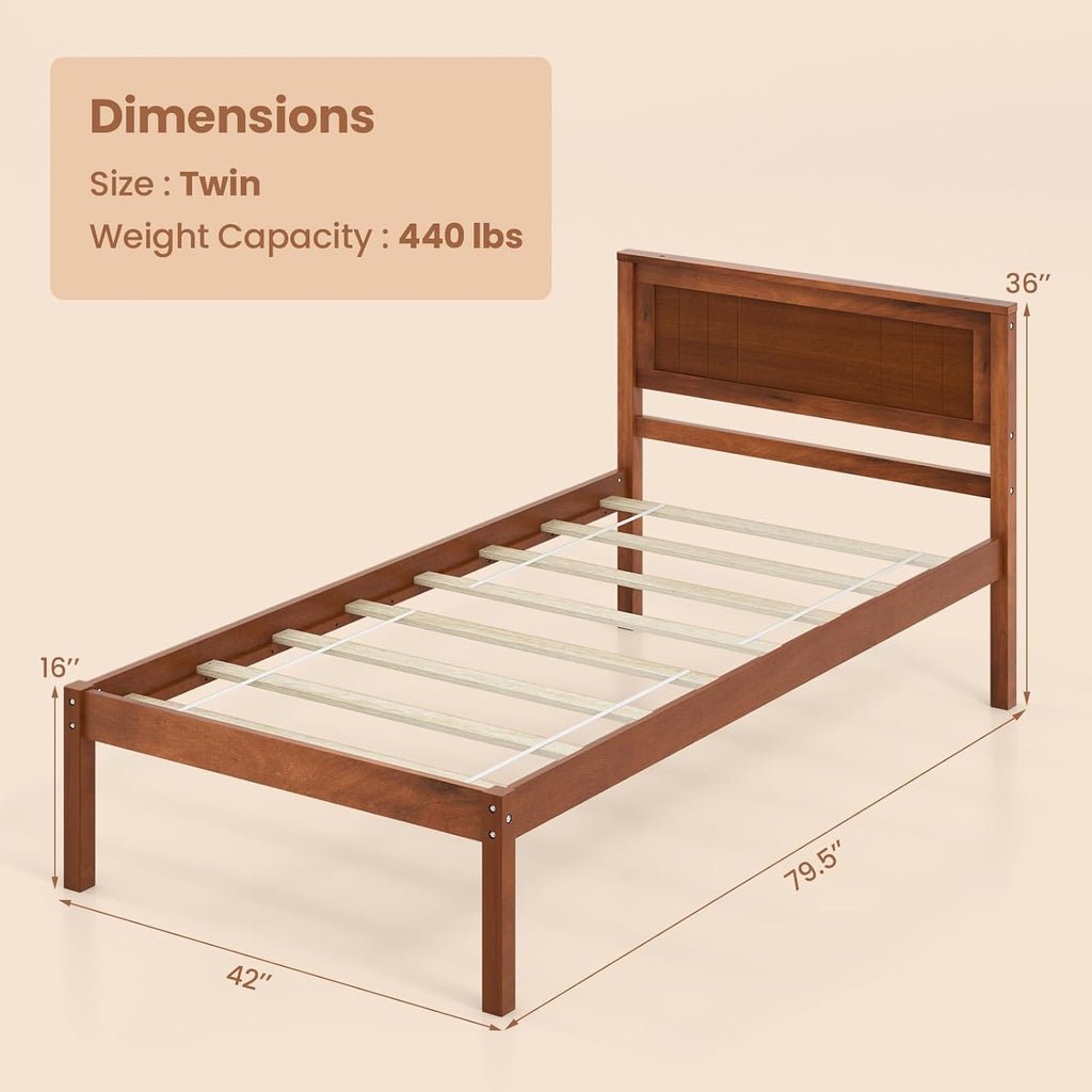 Giantex Twin Bed Frames with Headboard, Solid Wood Platform Bed with Wood Slat Support, Single Bed with 16' Under Bed Storage, Twin Bed Frames for Kids Adults Guests, Easy Assembly, Walnut