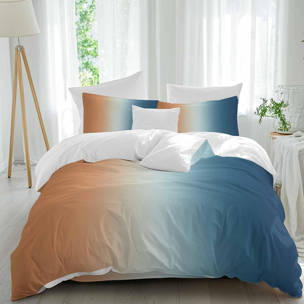Gradient Orange Blue Duvet Cover Set Queen Size 4 Pieces Modern Abstract Minimalist Blue Ocean Beach Bedding Set with Zipper Closure, 1 Comforter Cover 90x92 Inches 1 Flat Sheet & 2 Pillow Cases