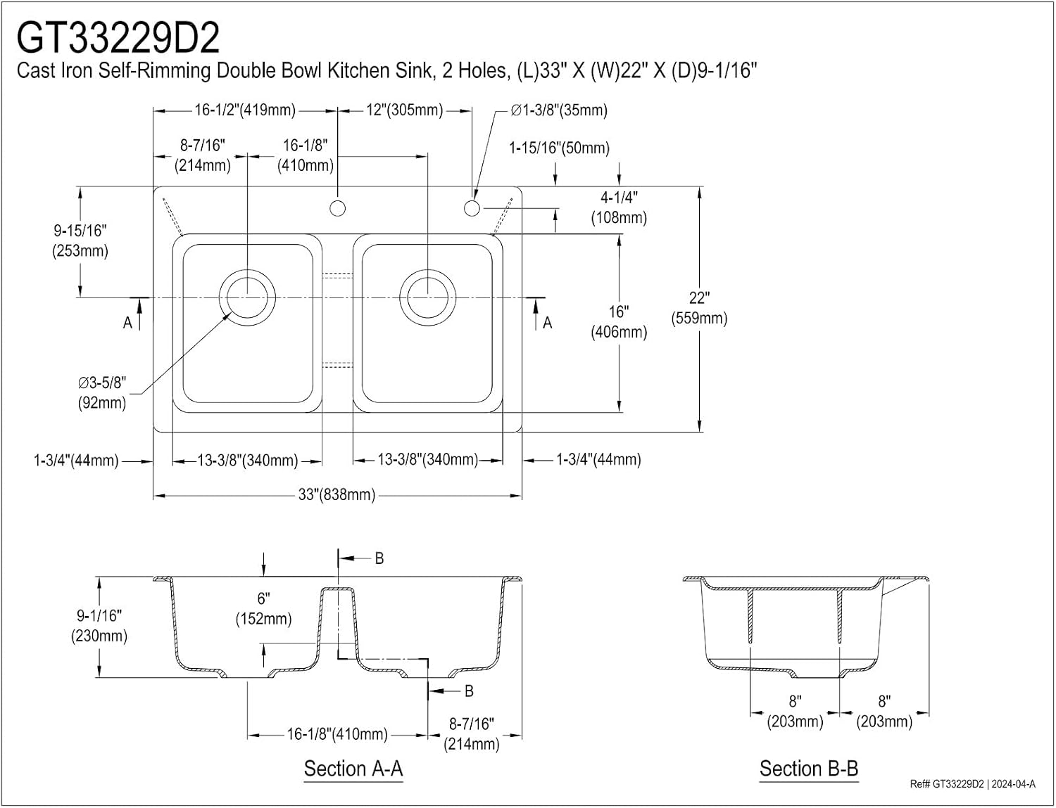 Gourmetier GT33229D2 Petra Galley 33-Inch Cast Iron Double Bowl Drop-In Kitchen Sink, 2-Hole, White