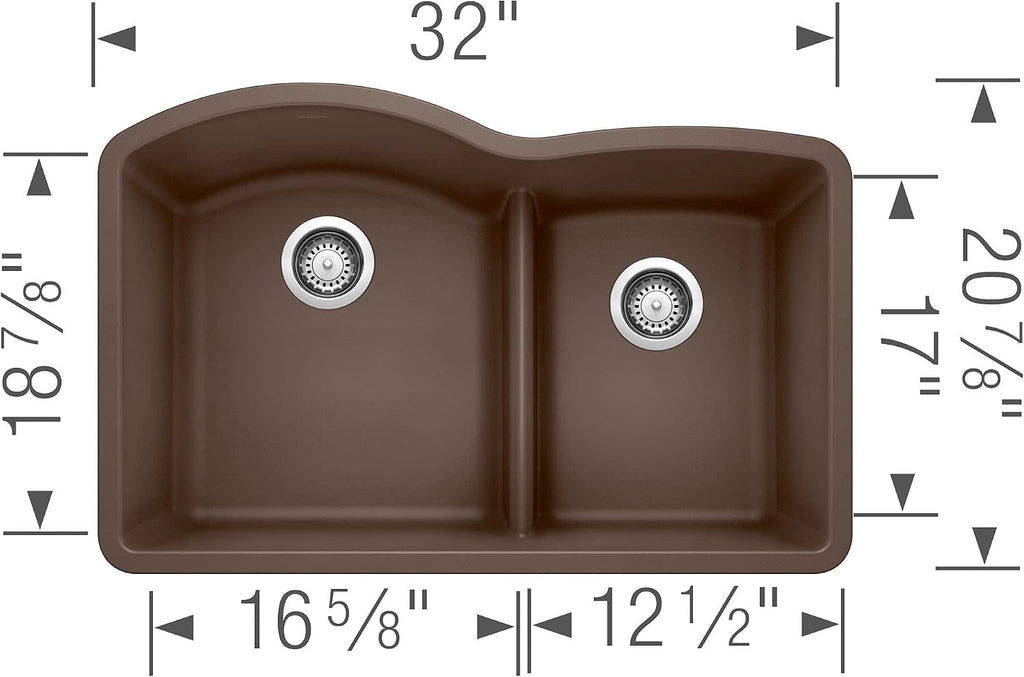 BLANCO, Café Brown 441597 DIAMOND SILGRANIT 60/40 Double Bowl with Low Divide Undermount Kitchen Sink, 32' X 21'