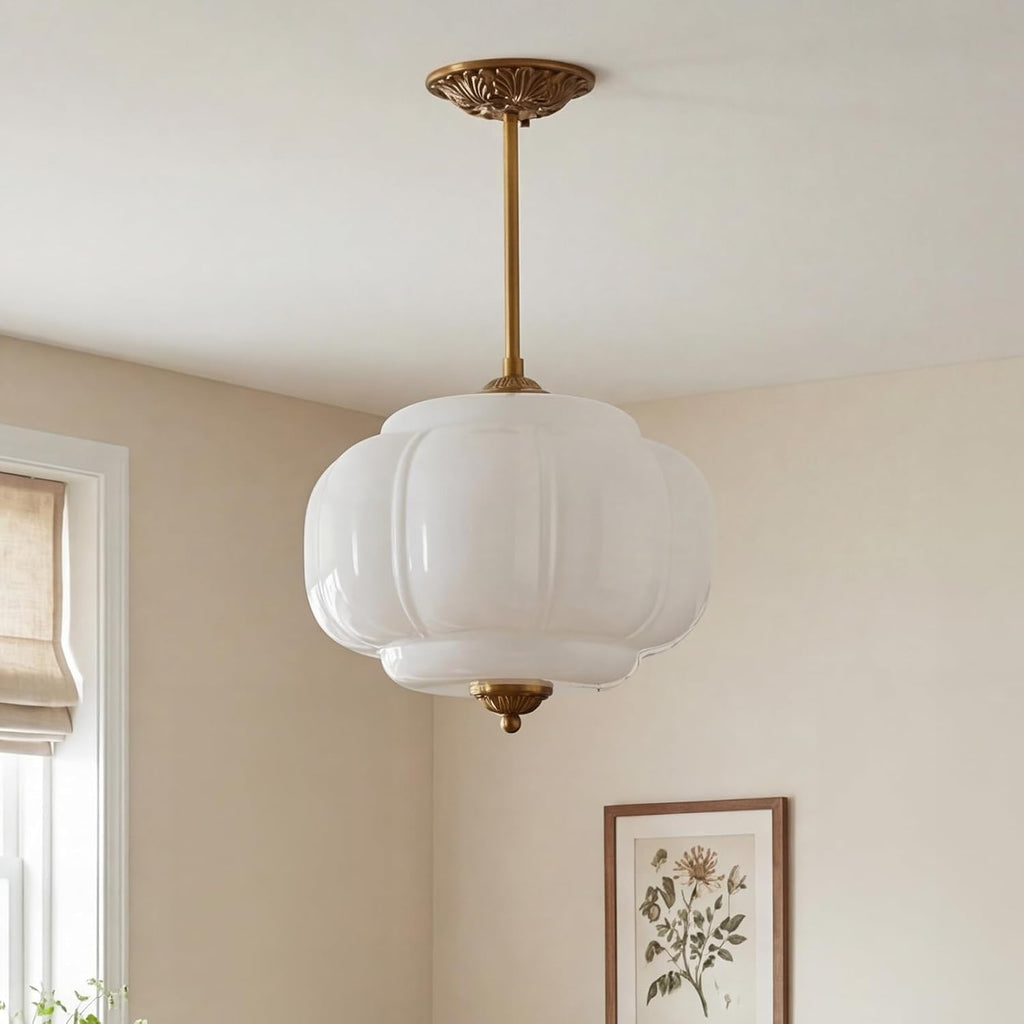 Milk Glass Ceiling Light Fixture - Antique Brass Semi Flush Mount Pendant Light for Kitchen, Hallway, and Bedroom 15 inch (White 15 inch)