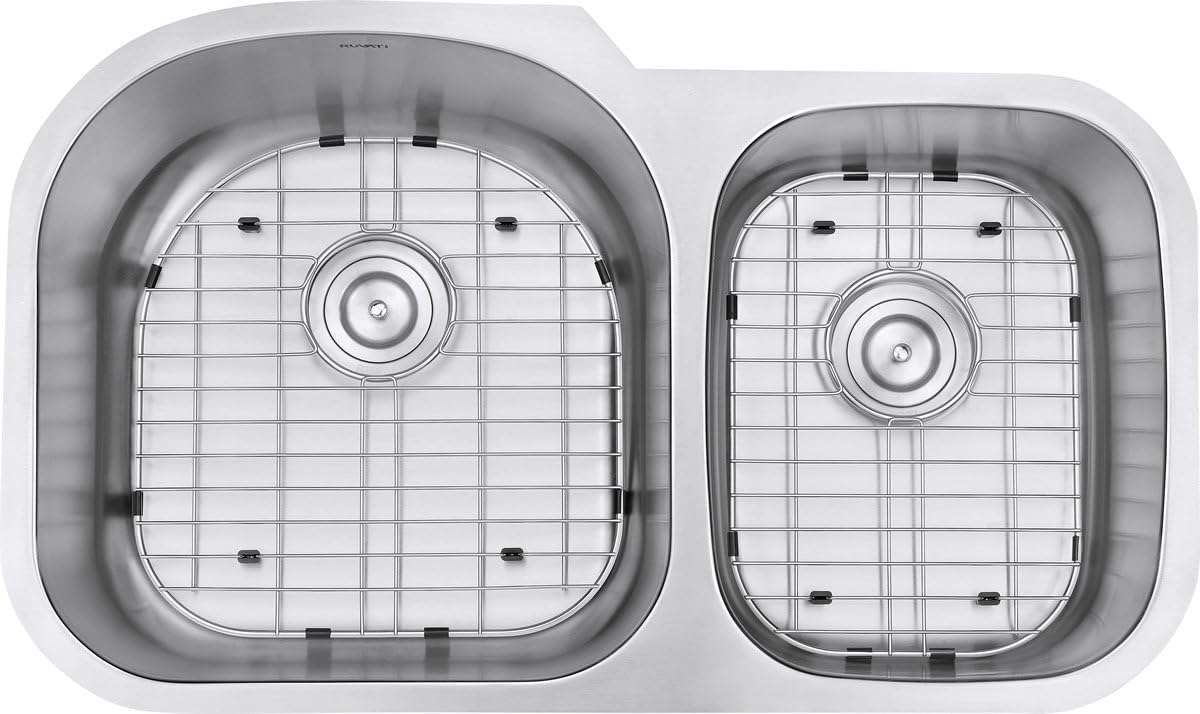 Ruvati 34-Inch Undermount Kitchen Sink – 60/40 Double Bowl Kitchen sink, 16 Gauge T-304 Stainless Steel Kitchen Sinks, Deep Basin Sink, Brushed Finish – RVM4600