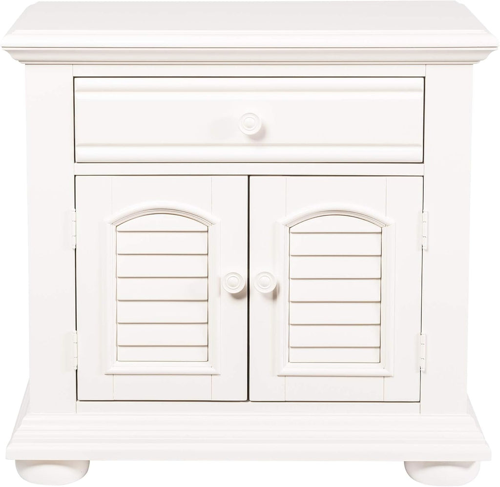 BOWERY HILL 2 Door 1 Drawer Nightstand, 31' W x 18' D x 29.5' H, Poplar Pine Wood, Oyster White Finish, Cottage Style, Louvered Panel Accents, Felt Lined Top Drawer, Bedroom Storage Furniture