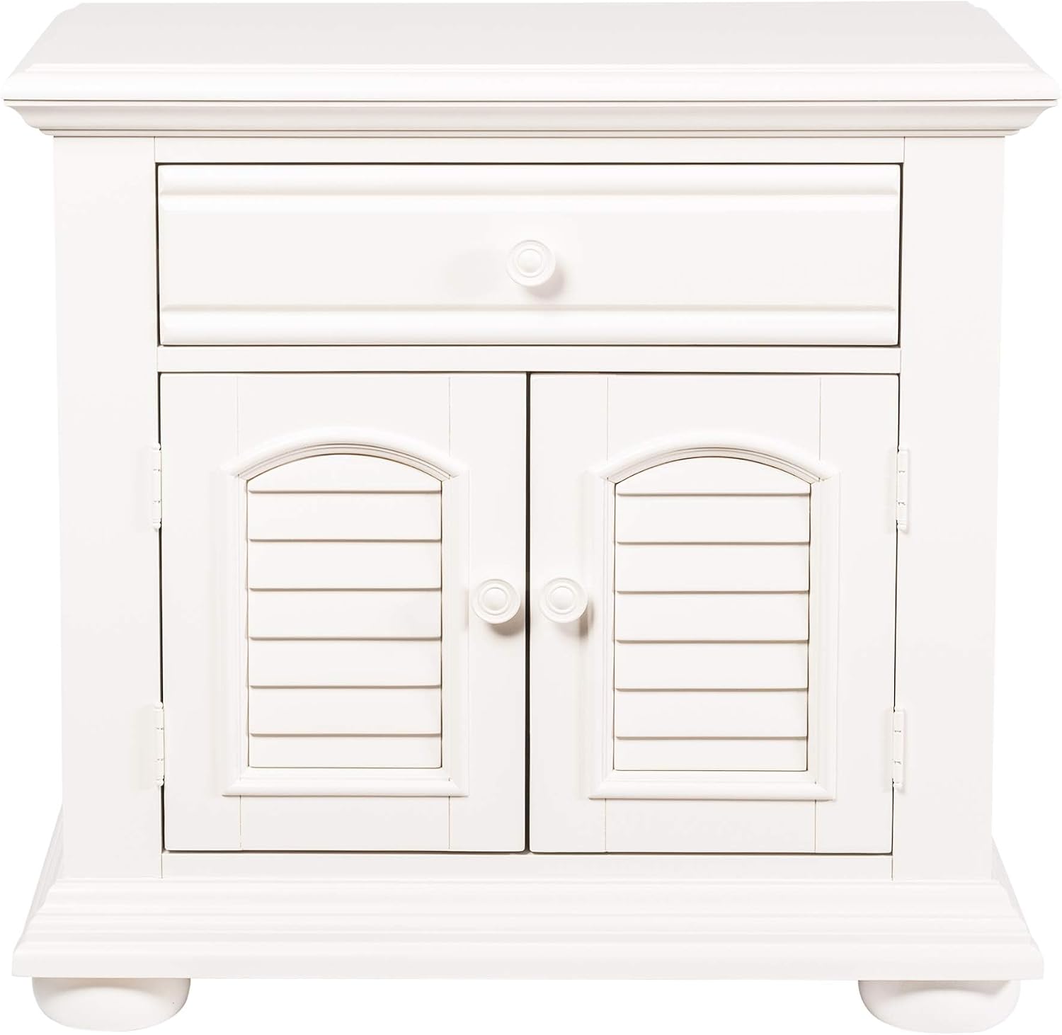 BOWERY HILL 2 Door 1 Drawer Nightstand, 31' W x 18' D x 29.5' H, Poplar Pine Wood, Oyster White Finish, Cottage Style, Louvered Panel Accents, Felt Lined Top Drawer, Bedroom Storage Furniture