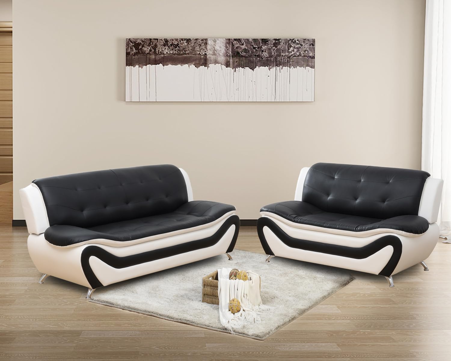 Contemporary Living Room Furniture Set, Vegan Leather Sofa Set for Living Room/House/Bedroom/Office/Apartment (Black&White, Sofa&Loveseat)