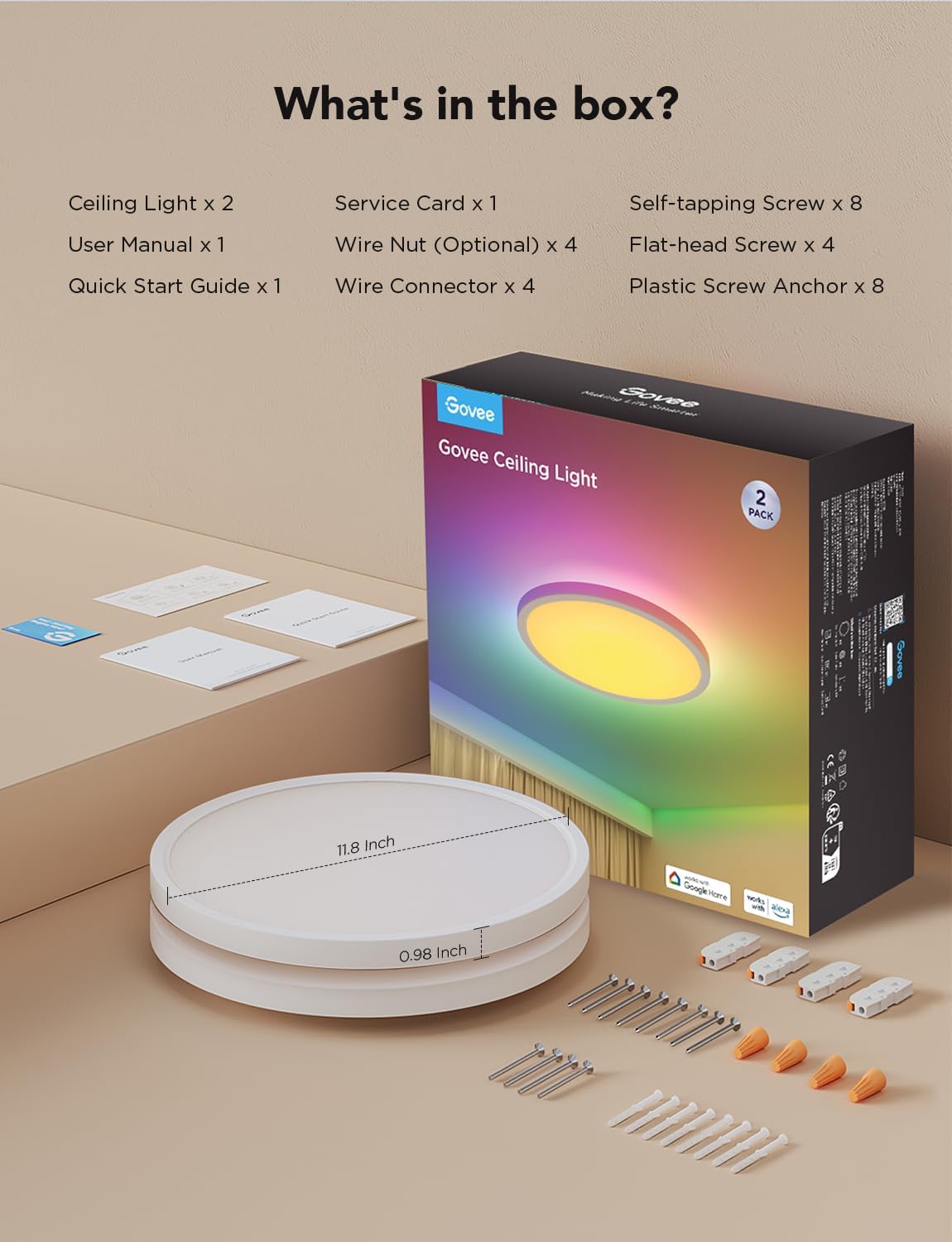 Govee Smart Ceiling Light, RGBIC LED Ceiling Light Fixture, 2400LM Flush Mount Light Fixture, DIY Colors, Works with Alexa, 2700K-6500K Lights for Bedroom, Living Room,12 Inch, (White 2 Packs)