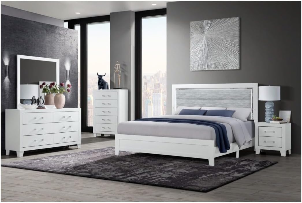 5PC White Full 5PC Bedroom Set with LED