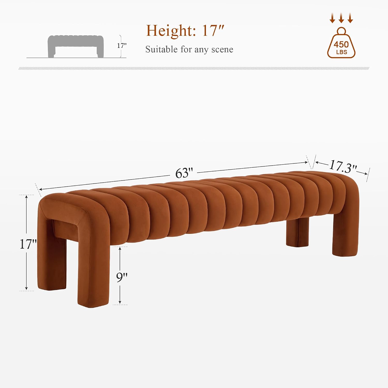 63'' Bedroom Bench, Upholstered End of Bed Bench with Solid Wood Legs, Modern Long Dining Bench with Full Covered Fabrics for Entryway, Bedroom, Living Room (Brown, Velvet)