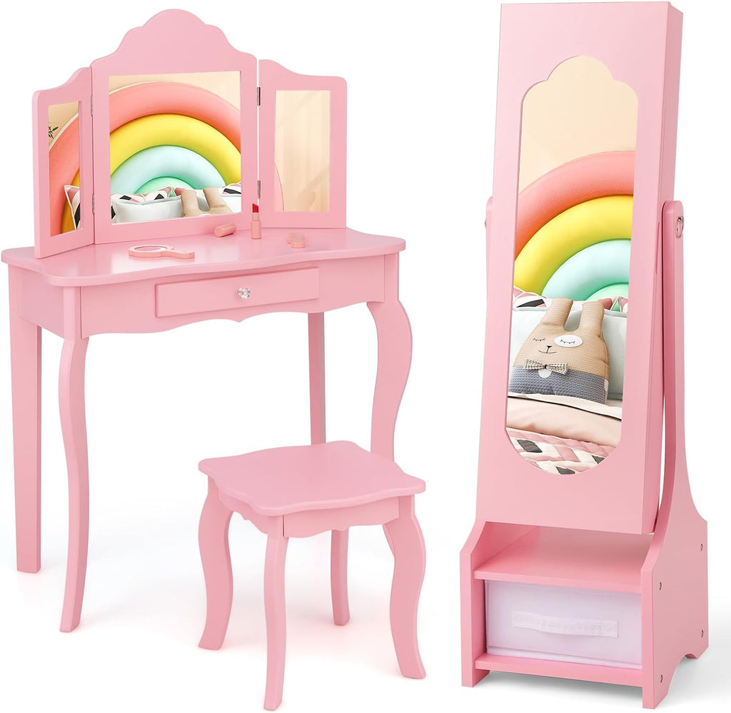 Costzon Kids Vanity & Jewelry Armoire Cabinet, Kids Vanity Table and Chair Set, Makeup Dressing Table, Standing Jewelry Organizer with Full-Length Mirror, Kids Bedroom Furniture Set for Girls (Pink)