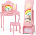 Costzon Kids Vanity & Jewelry Armoire Cabinet, Kids Vanity Table and Chair Set, Makeup Dressing Table, Standing Jewelry Organizer with Full-Length Mirror, Kids Bedroom Furniture Set for Girls (Pink)