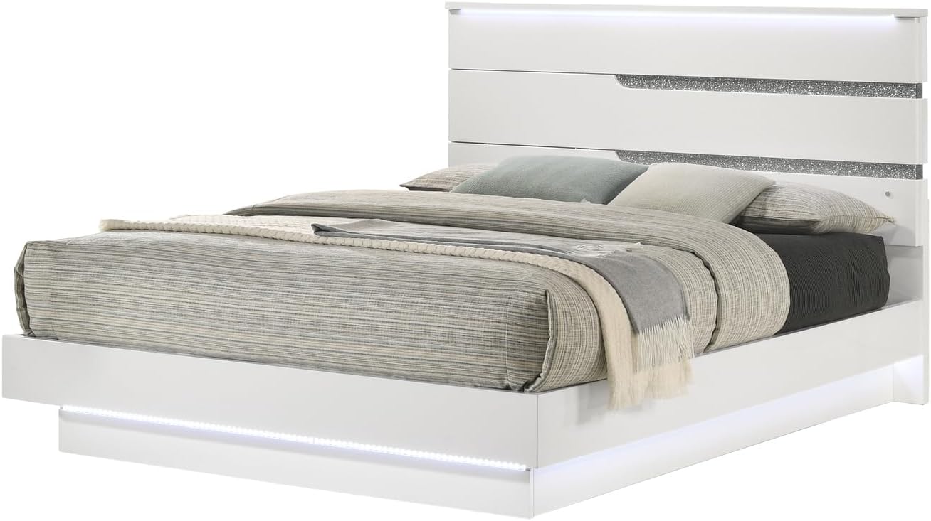 HomeStock Platform Bed with Lighting - Modern Bedroom Furniture White/Queen