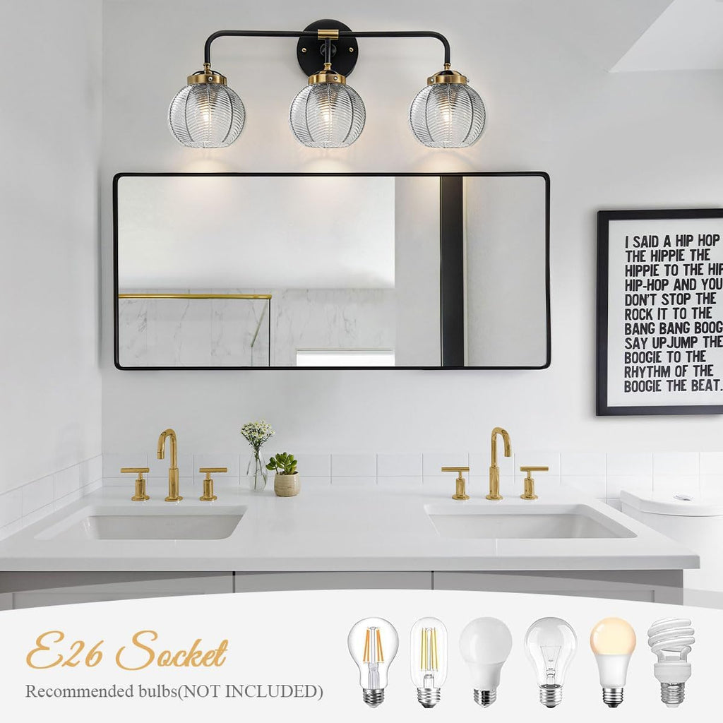 Black Bathroom Light Fixtures 3-Lights Vintage Vanity Wall Sconce Over Mirror with Ribbed Smoky Gray Globe Shade Mid Century Modern Lights Fixture Art Deco Farmhouse Vanity Lighting