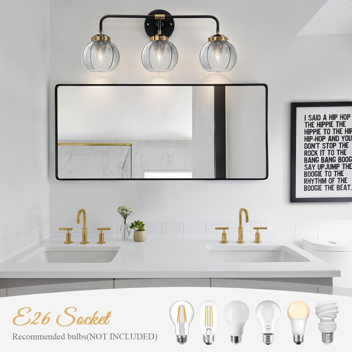Black Bathroom Light Fixtures 3-Lights Vintage Vanity Wall Sconce Over Mirror with Ribbed Smoky Gray Globe Shade Mid Century Modern Lights Fixture Art Deco Farmhouse Vanity Lighting