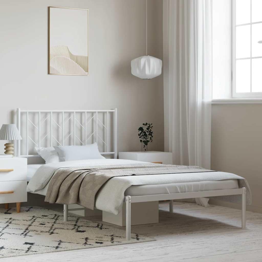 White Steel Single Bed Frame with Headboard Twin Size Metal Bed Frame Rectangular for Bedroom Sturdy Construction Sleek Finish Easy Assembly