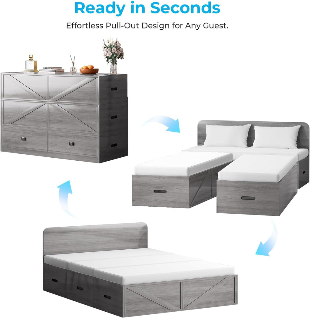 Mjkone Murphy Bed, Cabinet Beds Full Size with Mattress Included, 3-in-1 Convertible Sofa Furniture Sets, Hidden Chest Bed with Storage Drawers, Guest Sleeper Beds for Small Room, Apartment - Grey