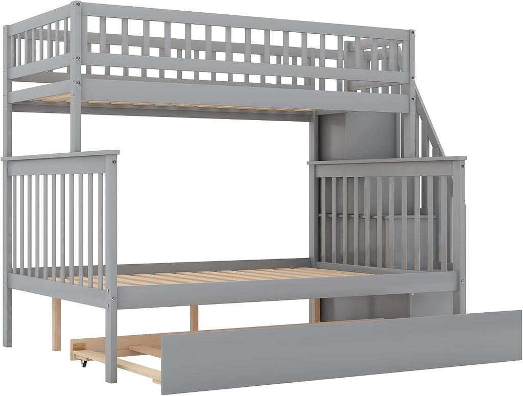Merax Twin-Over-Full Stairway Bunk Bed with Trundle, Storage Staircase and Full Length Guardrail, Solid Wood Storage Bunk Bed with Trundle, No Spring Box Needed (Grey)