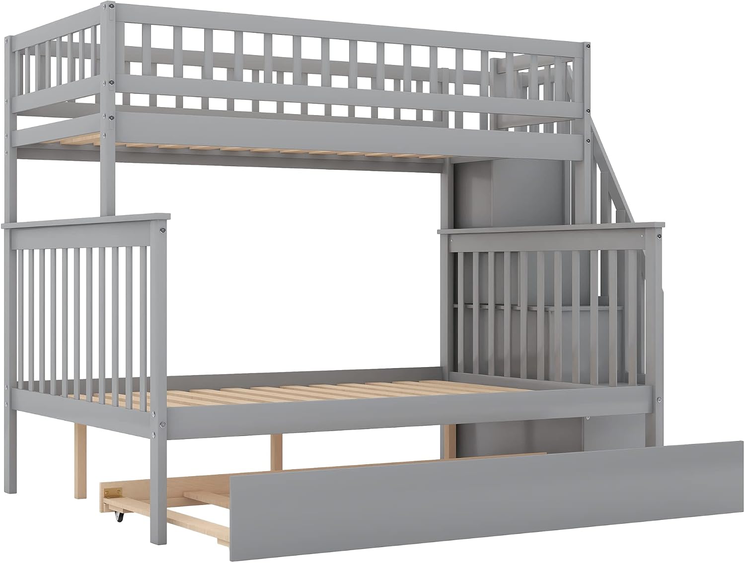 Merax Twin-Over-Full Stairway Bunk Bed with Trundle, Storage Staircase and Full Length Guardrail, Solid Wood Storage Bunk Bed with Trundle, No Spring Box Needed (Grey)
