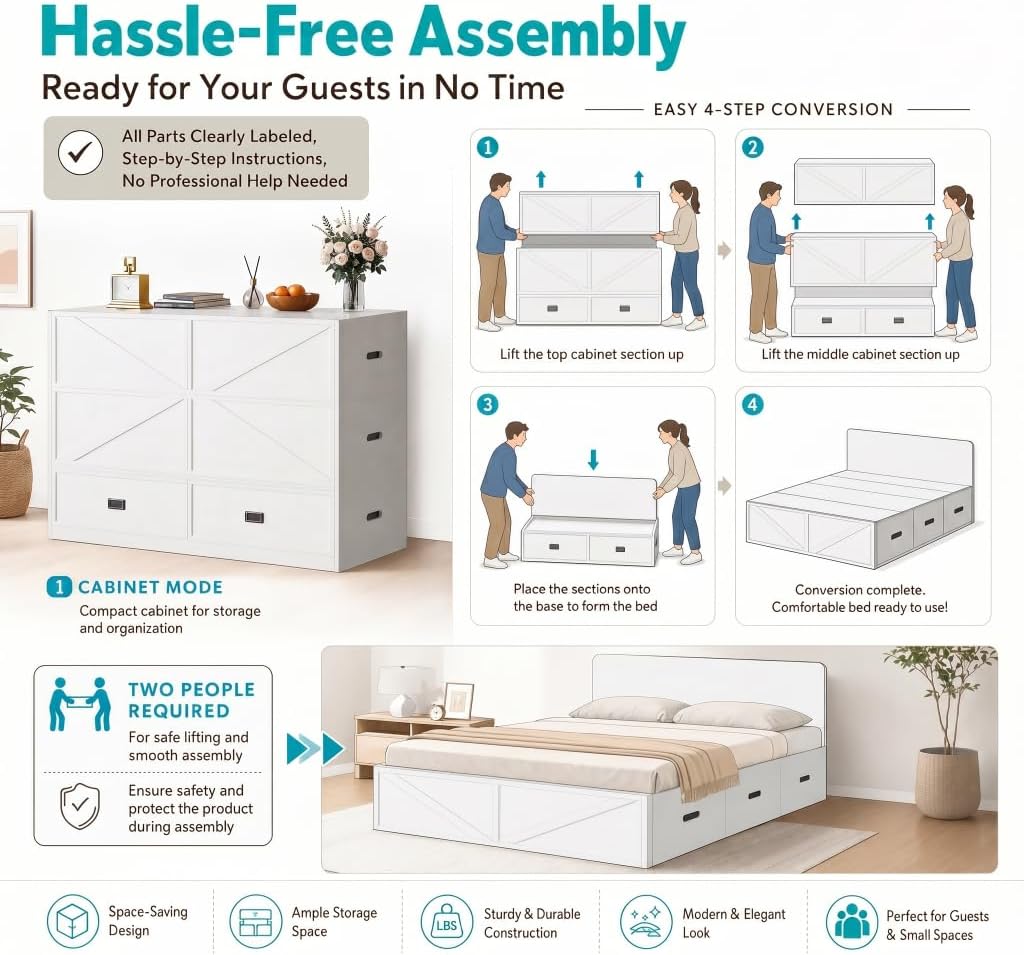 BALUS Murphy Cabinet Bed with Memory Foam Mattress Included, Full Size Cube Cabinet Bed with 2 Storage Drawers, 3-in-1 Convertible Sofa Furniture Sets for Guest Room Apartment Living Room, Grey