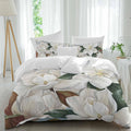 White Floral Duvet Cover Set Queen Size 4 Pieces Spring White Magnolia Vintage Plants Farmhouse Rustic Bedding Set with Zipper Closure, 1 Comforter Cover 92x106 Inches 1 Flat Sheet & 2 Pillow Cases