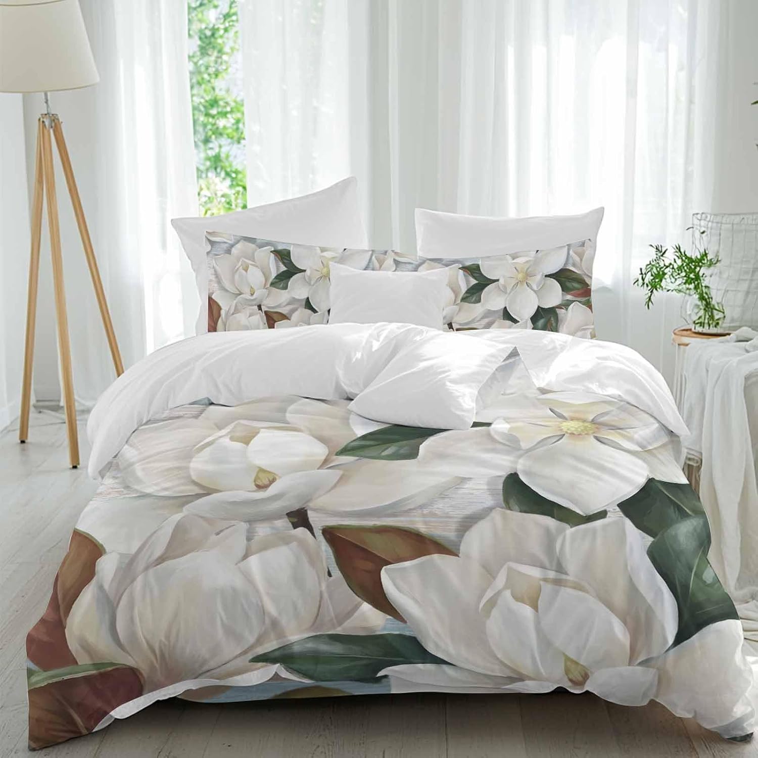 White Floral Duvet Cover Set Queen Size 4 Pieces Spring White Magnolia Vintage Plants Farmhouse Rustic Bedding Set with Zipper Closure, 1 Comforter Cover 92x106 Inches 1 Flat Sheet & 2 Pillow Cases