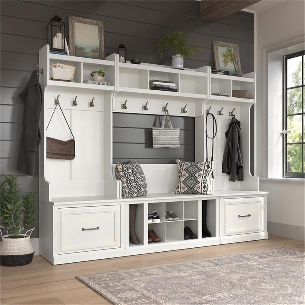 Bush Furniture Woodland Full Entryway Storage Set with Coat Rack and Shoe Bench with Drawers in White Ash | Mudroom Organizer for Footwear, Clothing
