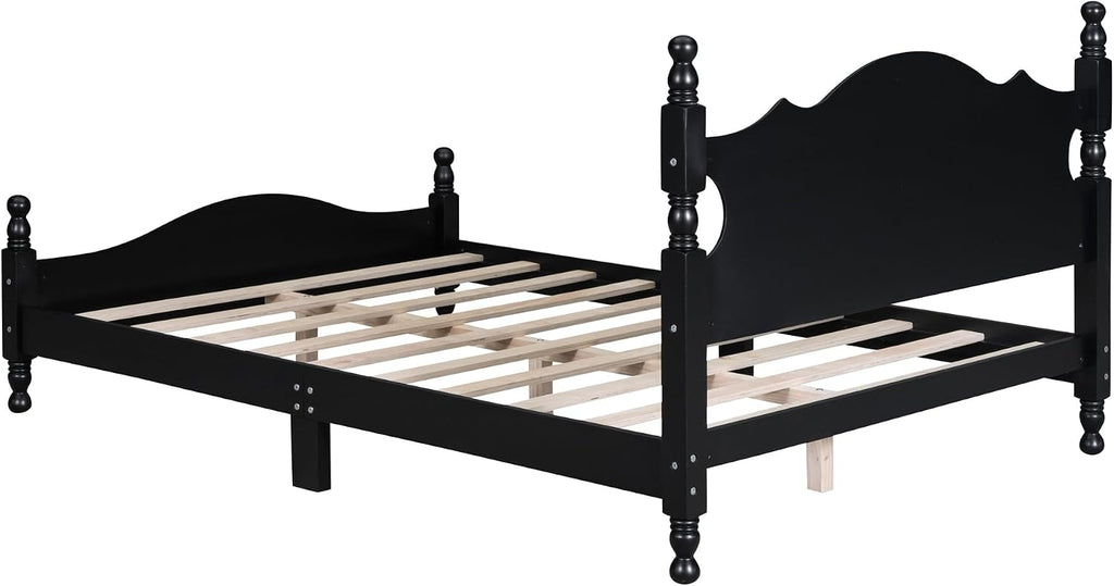 Solid Wood Bed Frame Full Size, Wooden Retro Style Platform Bed Frame with Headboard and Footboard, Heavy Duty Bed Frame with 10 Wood Slats Support,No Box Spring Needed,Noiseless (Black, Full)