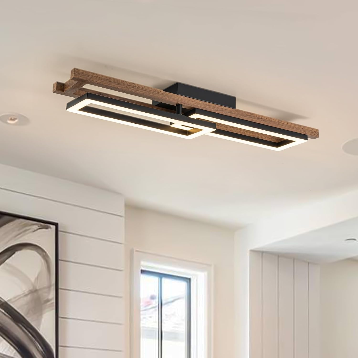 Lingkai 27.5' LED Modern Ceiling Lights Wooden Square Rectangular Lamp Fixture Wood, Modern Kitchen Ceiling Lighting Fixtures 3000K for Island Bedroom Living Room Hallways