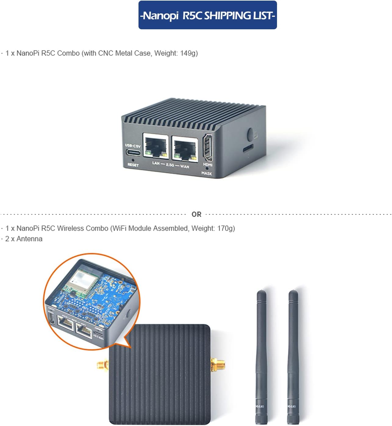 Nanopi R5C Mini WiFi Router OpenWRT with Dual PCIe 2.5Gbps Ethernet M.2 WiFi Bluetooth Ports 4GB LPDDR4X RAM Based in Rockchip RK3568B2 Soc for IOT NAS Smart Home Gateway (with M.2 WiFi Module)