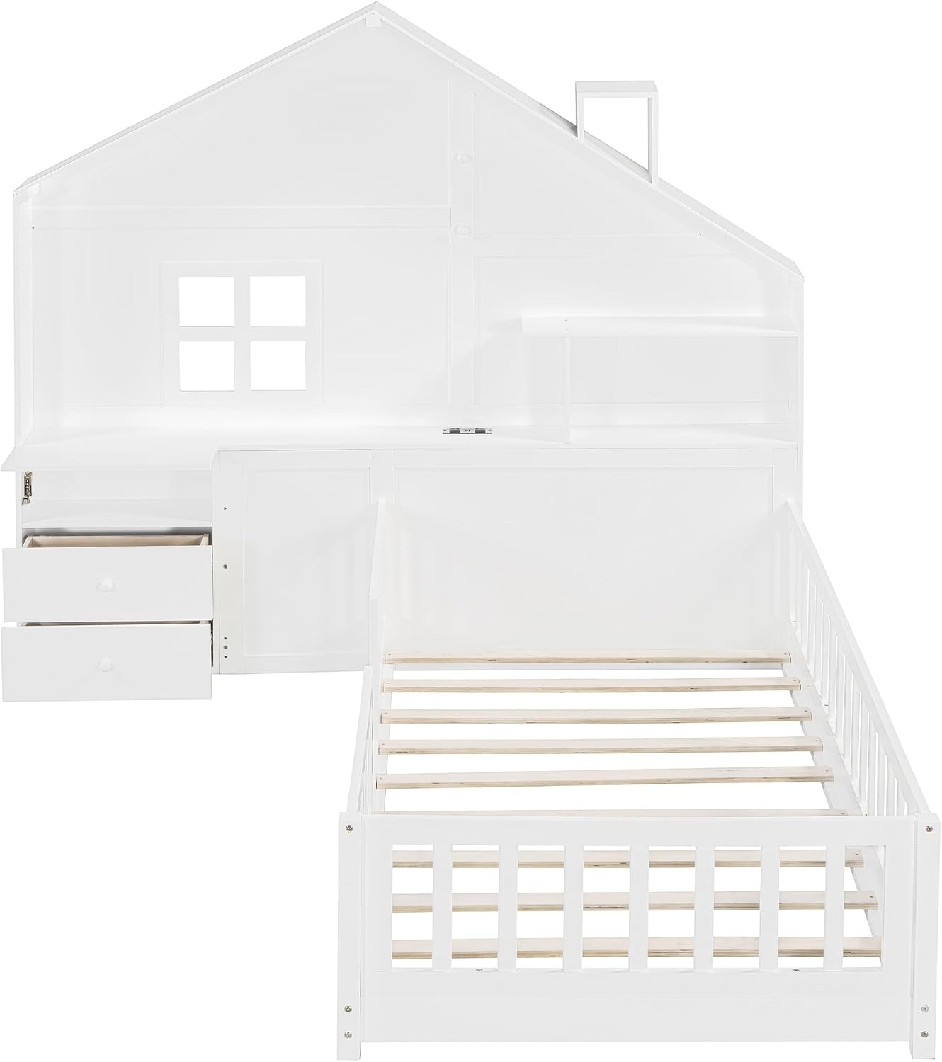 Flieks Twin Size House Bed Frame for Boys Girls Kids Toddler with Window and Bedside Drawers, Platform Bed with Shelves and a Set of Sockets and USB Port, White