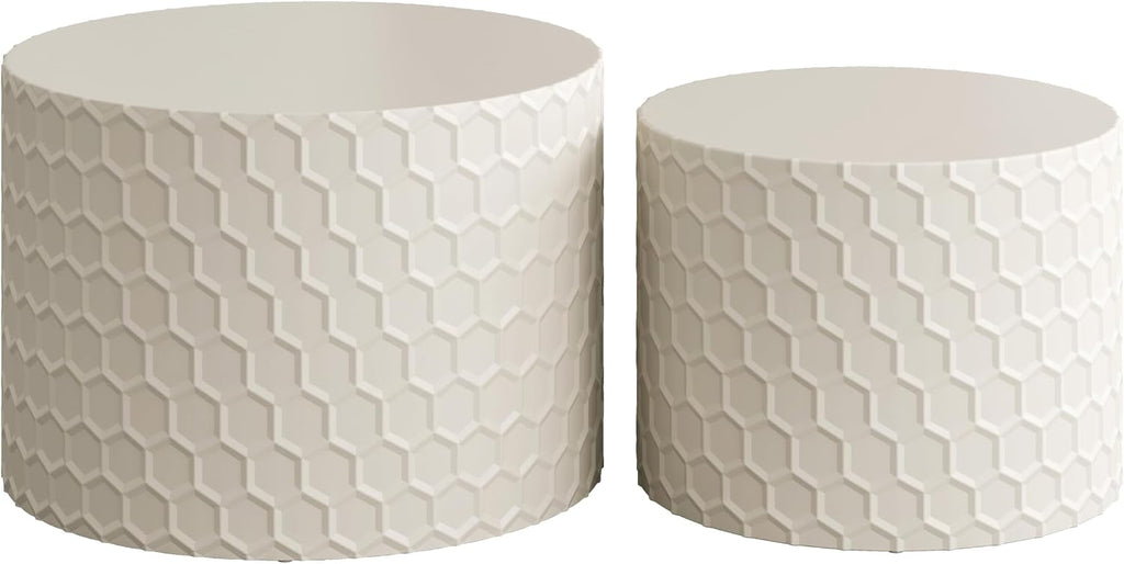 Round Nesting Coffee Table Set of 2, Modern Circular Side Table Set with Honeycomb Design, 2 Piece Nesting End Table Accent Tables Coffee Table for Living Room Bedroom Apartment - Beige